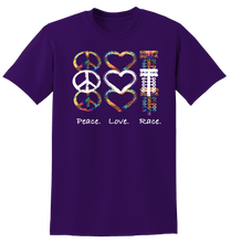 Load image into Gallery viewer, Peace. Love. Race. Adult Tee